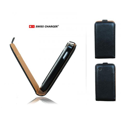 Etui Cuir Véritable SWISS CHARGER Noir à rabat pou