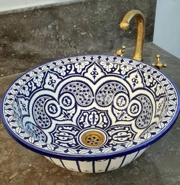 Vasque lavabo neuf en céramique à poser fait et peint à la main Salle de bain